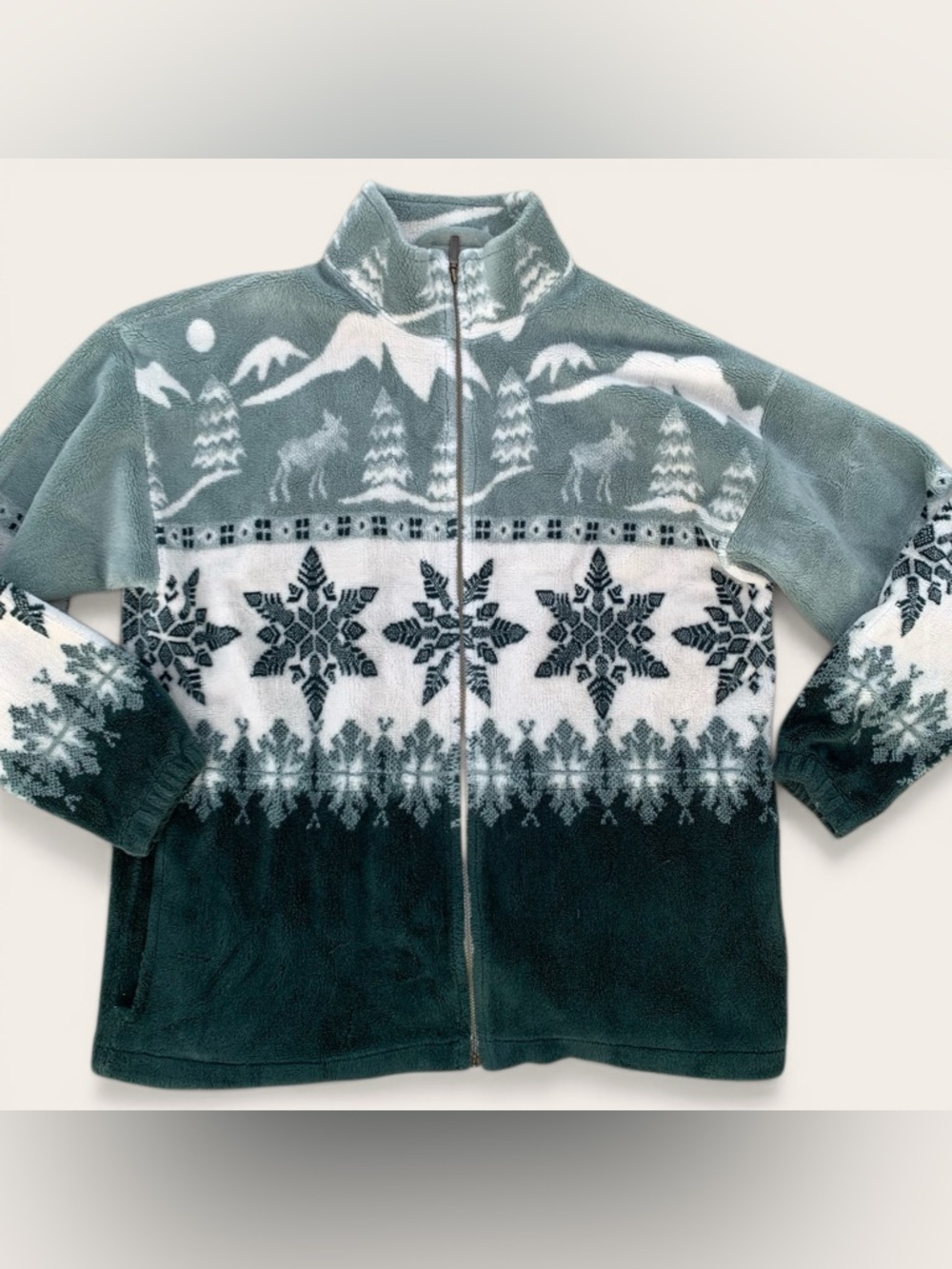 Cabela's Green White Zip-Up Fleece Jacket with Snowflake & Mountain Pattern XL